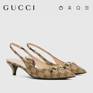 Gucci Women's slingback pump with Horsebit  Beige Logo Patterned Heels